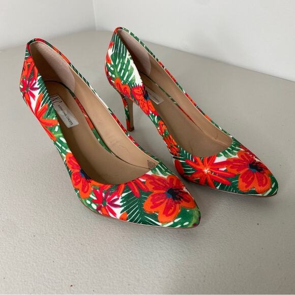 INC Red Green Palm Leaves Tropical Floral Summer Pumps Heels Size 9 1/2 9.5M - Picture 1 of 6